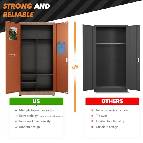 METALTIGER Metal Wardrobe Cabinet - Metal Storage Locker with Locking Doors | Armoire Wardrobe Closet with Doors (Natural Wood Imitation) METALTIGER