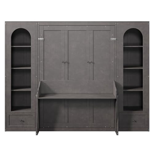 Merax Queen Size Murphy Platform Bed with Shelf, Side Cabinets, Drawers and LED, Gray Merax