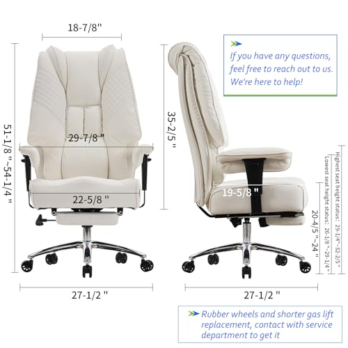 EXCEBET Big and Tall Office Chair 400lbs Wide Seat, Leather High Back Executive Office Chairs with Foot Rest, Ergonomic Lumbar Support for Lower Back Pain Relief (White) EXCEBET
