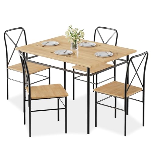 VECELO 5-Piece Kitchen Dining Table Set, Wood Tabletop & Heavy-Duty Metel Frame, Rectangle Dinette with 4 Chairs for Small Space, Breakfast Nook, Natural Black VECELO