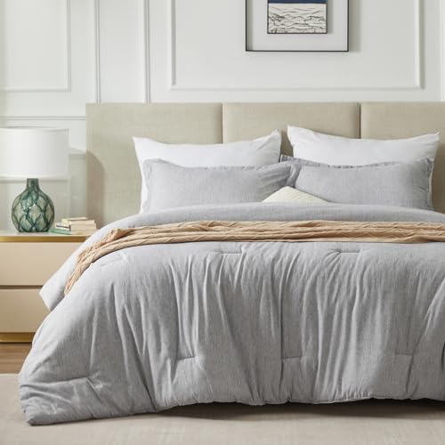 CozyLux King Size Comforter Set - 3 Pieces Light Grey Soft Luxury Cationic Dyeing Bedding Comforter for All Season, Light Gray Breathable Lightweight Fluffy Bed Set with 1 Comforter and 2 Pillow Shams CozyLux
