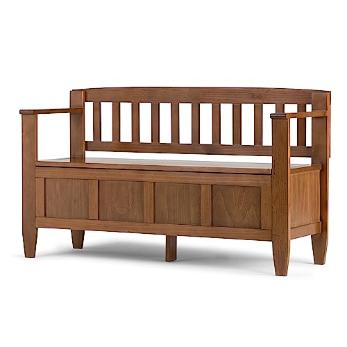 SIMPLIHOME Brooklyn Entryway Storage Bench - 48 inch Wide Solid Wood Storage Seat in Medium Saddle Brown, Contemporary Bench for Entryway or Living Room with Lift-Up Lid and Slatted Backrest SIMPLIHOME