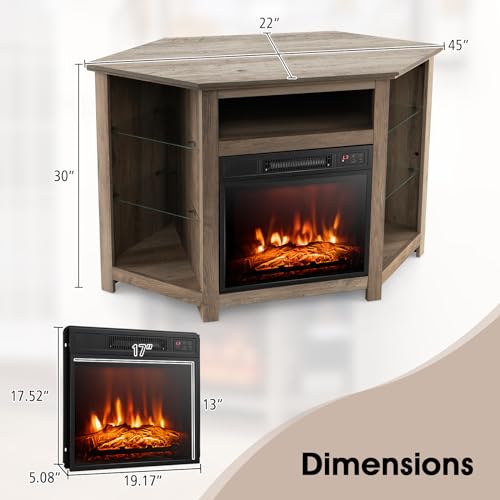 GOFLAME Corner Fireplace TV Stand with LED Lights for TVs up to 50”, Modern Entertainment Center with Electric Fireplace, Remote & Smart APP Control, TV Console with Adjustable Glass Shelves, Gray GOFLAME