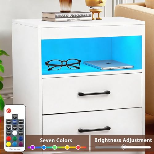 ansefe Night Stand with Charging Station and Ambient Light, LED Nightstand with USB-C Ports and Outlets, Morden Bedside Table with 2 Drawers and Open Compartment, End Table for Bedroom, White ansefe