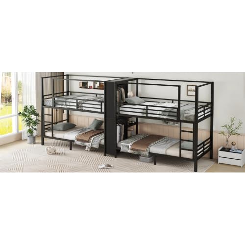 Twin Size Quadruple Metal Bunk Bed with Wardrobe & Storage Shelves, Quadruple Metal Bunk Bed Frame with Noise-Reduced Design (Black/Twin) MERITLINE