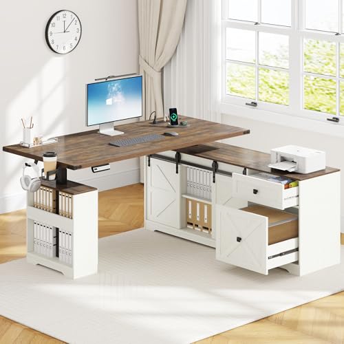 63" Farmhouse Electric Standing Desk Adjustable Height Sit Stand Corner Stand Desks, L Shaped Standing Computer Desk with Power Outlets & Storage Drawers & Sliding Door for Home Office, White St.Mandyu