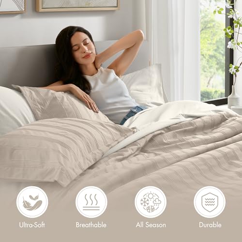 Madison Park Essentials Striped Comforter Set Queen, 7 Pieces Modern Minimalist Jacquard Bedding Set for All Season, Bed in A Bag with Sheet Set and Soft Brushed Reverse, Lightweight Neutral Madison Park Essentials