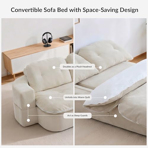 Kuahisoofa 78" Memory Foam Convertible Sofa Bed with Built-in Quilt, Foldable Floor Couch Sleeper for Guests Room & Living Room, Boneless Futon Cloud Sofa for Small Spaces, White Kushisoofa