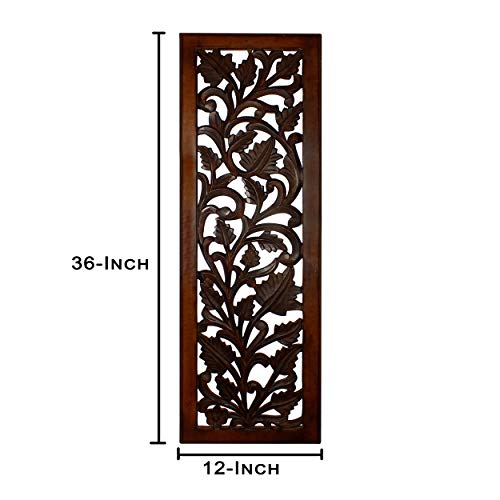 Benjara Mango Wood Wall Panel Hand Crafted with Leaves and Scroll Work Motif, Brown, Rectangle Benzara