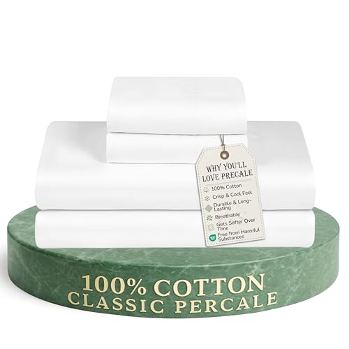 Feather & Stitch Softest 100% Cotton Sheets, 300 Thread Count Percale Weave Bedding, 16" Deep Pocket, Cooling Sheets, Breathable Bed Set, Hotel Premium Quality (Queen, White) FEATHER & STITCH NEW YORK