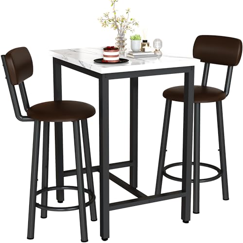 LTTROMAT Dining Table Set, 23.6” Square Faux Marble Table with 2 PU Upholstered Backrest Chairs, 3-Piece Kitchen Dining Room Set for Small Spaces, Kitchen, Restaurant Furniture, White LTTROMAT