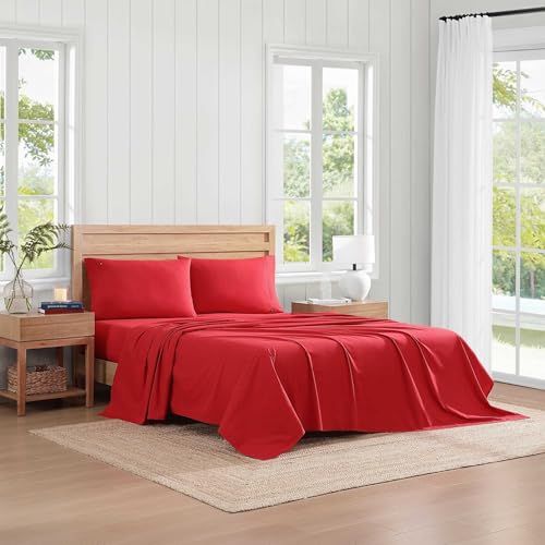 Tommy Hilfiger - Sheet Set, Cotton Percale Bedding with Matching Pillowcase, Crisp & Cool, Solid Home Essentials (Red, Twin) Tommy Hilfiger