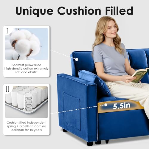 tiramisubest Sleeper Sofa Bed,55'' Convertible Pull Out Couch with Side Pockets,Velvet Fabric Loveseat Sleeper Sofa with Adjustable Backrest for Living Room,Apartment(Blue) tiramisubest