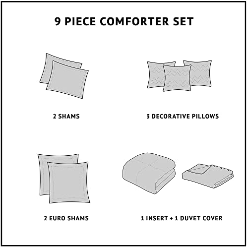 Madison Park Signature Glam Cozy Comforter Set - All Season Bedding Combo Filled Insert and Removable Duvet Cover, Shams, Decorative Pillows, Metallic White King(110"x96") 10 Piece Madison Park