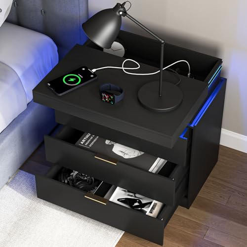 Night Stand with Charger Station and LED Lights,3 Drawers Nightstands with Sliding Top,Modern Bedside Table with Storage,Wooden End Table for Multiple Scenarios (Black) VERYKE
