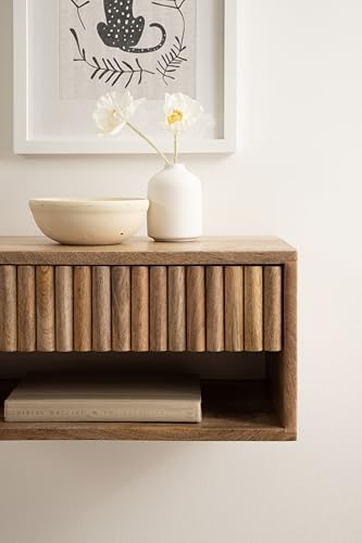 Kate and Laurel Reid Ribbed Wooden Tiered Floating Side Table, 18 x 10 x 9, Natural Wood, Modern Rectangular Mango Wood Floating Nightstand with Drawer for Bedroom Storage or Living Room End Table Kate and Laurel