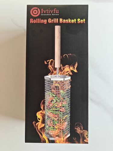 Ivtivfu Nesting Grill Baskets (2PCS, 2024), Removable Wooden Handle, 304 Stainless Steel, Rolling Grilling Net, BBQ Accessories Tools for Vegetables Shrimp, Outdoor Cooking Camping, Gifts for Men Dad Husband Ivtivfu