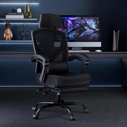 DUMOS Home Office Desk Chair with Footrest, High-Back Mesh Rolling Swivel Reclining Chairs with Wheels, Comfortable Headrest, Lumbar Support, Comfy Arms for Home, Office, Gaming, Student, Inky DUMOS