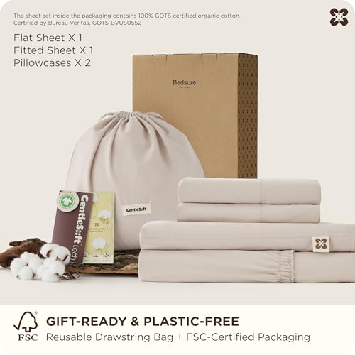 Bedsure 100% GOTS Organic Cotton Sheets, Fair Trade Certified Queen Bedding Set, Eco-Friendly, Soft, 17 inches Deep Pocket Queen Sheet, Sateen Weave Cotton Luxurious Hotel Bed Set, Linen Bedsure