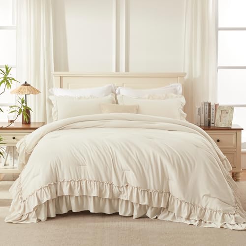 Andency Beige Twin Size Comforter Set, 2 Pieces Boho Lightweight Fluffy Ruffle Bedding Set & Collections, All Season Soft Microfiber Farmhouse Shabby Chic Bed Set for Kids (66x90In Comforter) Andency
