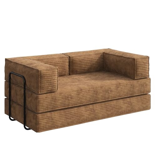 WLIVE 71'' Futon Sofa Bed, Convertible Sleeper Sofa, Folding Pull Out Couch Boneless Mattress with Fixed Frame, Corduroy, Brown WLIVE