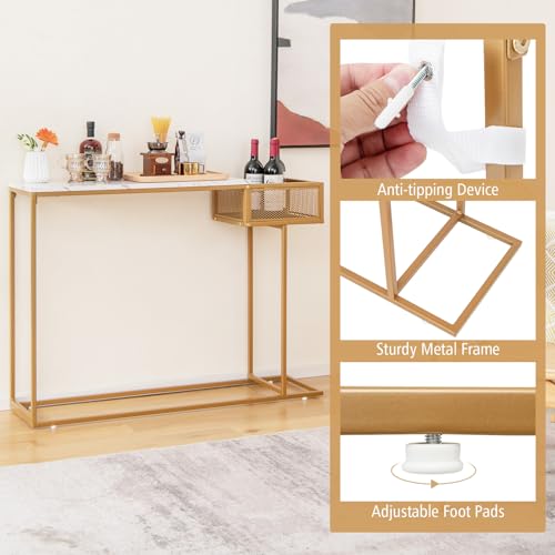 Giantex Narrow Console Table with Storage - Gold Sofa Table with Storage Basket, Sturdy Metal Frame, Modern Entryway Table, Entry Table for Living Room, Hallway, Corridor, Foyer Table, Gold & White Giantex