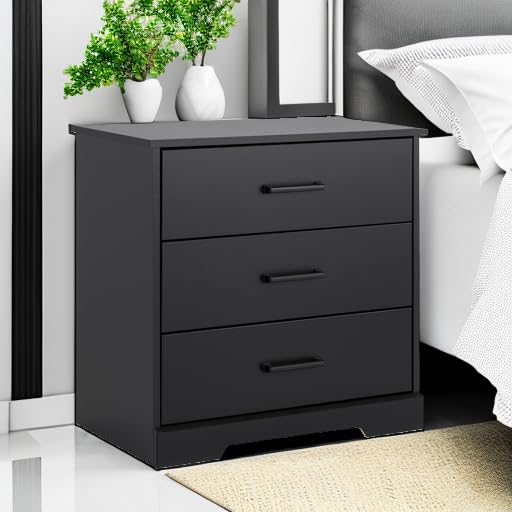 Prepac Rustic Ridge Farmhouse Nightstand Bedside Table, Black Nightstand for Bedroom, End Table with 3 Drawers 16.25"D x 27.5"W x 26.75"H Prepac