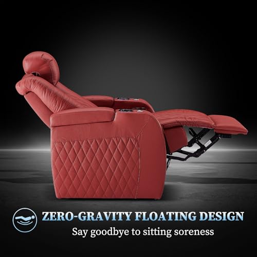 PBRO Home Theater Seating Genuine Leather Recliner Chair, Power Reclining & Headrest, USB A/C Charging Ports, Tray Table, Cup Holder Ambient Lighting Red Row of 1