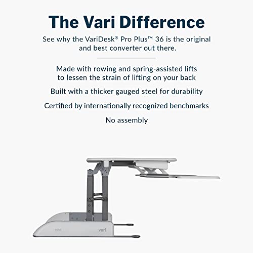 Vari Varidesk Pro Plus 36 Standing Desk Converter – 11 Height Settings + Spring Lift, 2 Tier Design, Keyboard Tray, Fits Desktops 36” Wide x 26.5" Deep – Delivers Fully Assembled (White) Vari