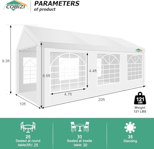 COBIZI 10x20FT Party Tent Heavy Duty for Parties Outdoor Gazebo White Event Shelter Wedding Canopy, BBQ Commercial with Removable Sidewall Windows, Powder Coating (Better Than Galvanized) COBIZI