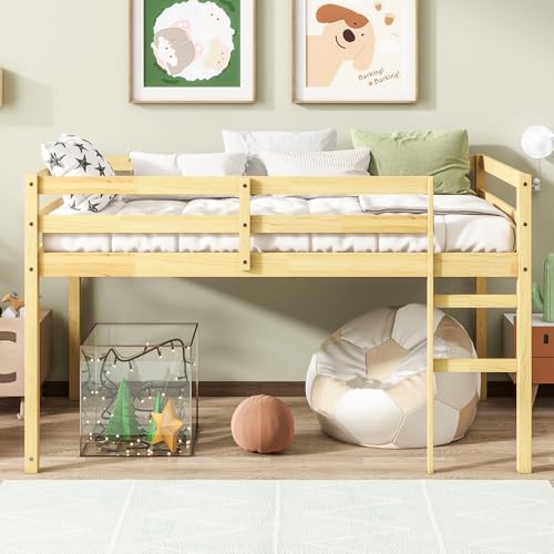 Bellemave Twin Size Low Loft Bed,Kids Loft Bed with Ladder,Solid Wood Low Loft Bed Twin Size for Girls Boys,Natural Bellemave