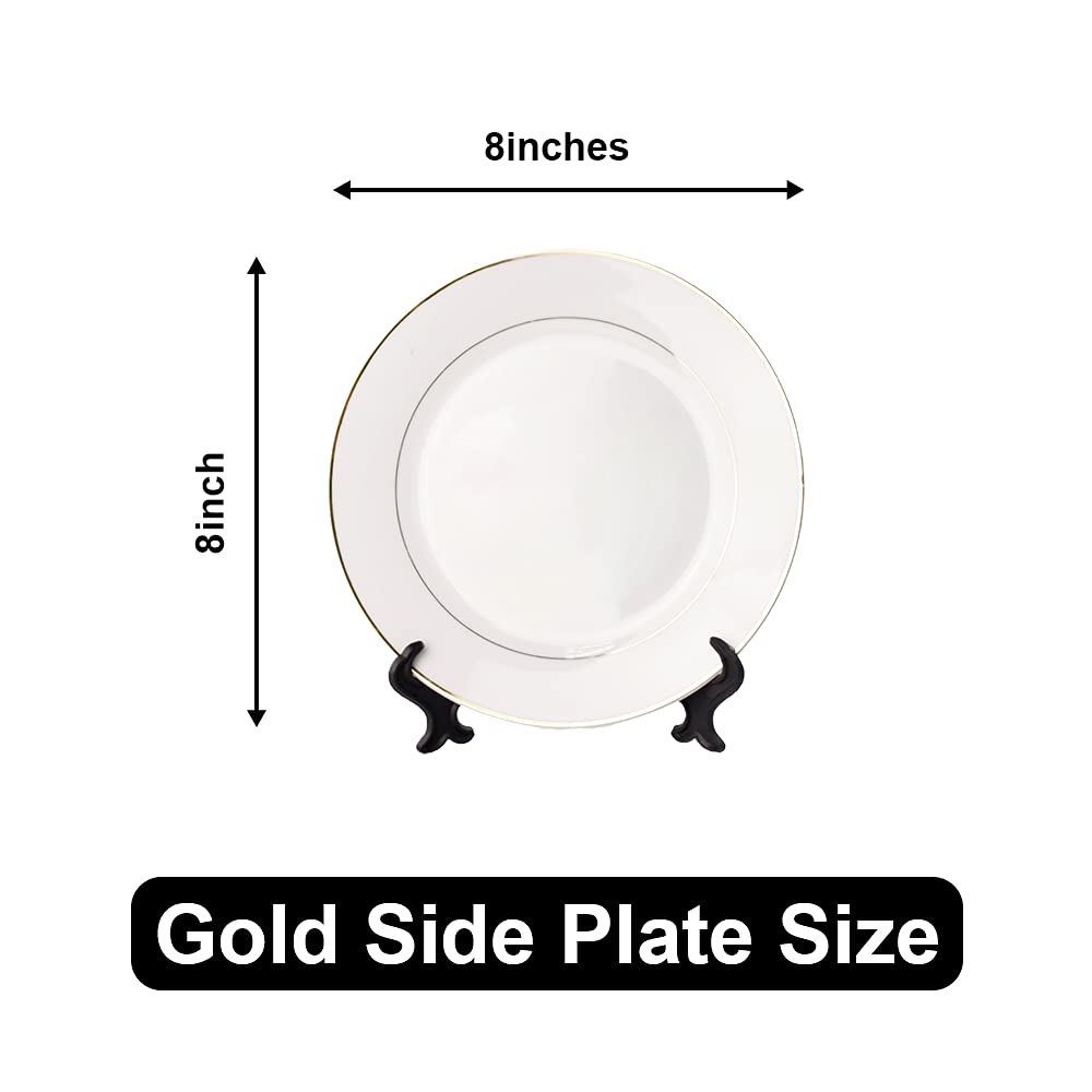 MR.R Set of 2 Sublimation Blanks White Ceramic Gold Rim Plate with Stand,Porcelain Plates, 8 inch Round Dessert or Salad Plate, Lead-Free, Safe in Microwave, Oven, and Freeze MR.R