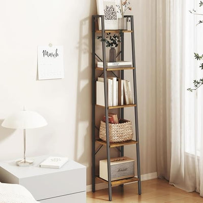 Hzuaneri 5-Tier Industrial Ladder Shelf in Rustic Brown with Hooks for Versatile Home Storage