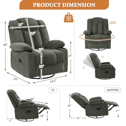 Vawobl Swivel Rocker Recliner Chair for Adults – Manual Glider Sofa with Massage, Heat & Vibration, 360° Rocking for Living Room (Dark Gray, 30"x30"x40")