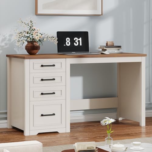 Vabches Farmhouse 49” Executive Desk with File Drawer, 4 Drawers Reversible Computer Desk with Storage, Rustic Home Writing Workstation for Home Office.White Brown Vabches