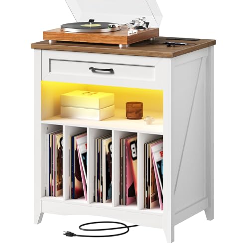RALGEND Large Record Player Stand with Charging Station, Vinyl Record Storage Cabinet with Drawer and LED, Turntable Display Table for Living Room, Books, Rustic White and Walnut RALGEND