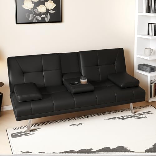 67"Modern Futon Sofa Bed,Convertible 3 in 1 Sleeper Bed Couches with Adjustable Backrest,Cup Holders,Comfy PU Leather Recliner Sofa Loveseat with Chrome Legs for Small Home Living Room (Black) Majnesvon