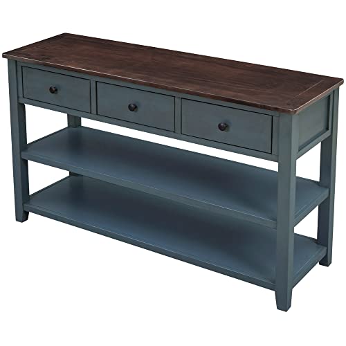Vintage Console Table Modern Solid Wood Frame Sofa Table with 2 Tier Open Shelves and Top Storage Drawers Entryway Table for Living Room, Hallway, Front Hall, Stairs Area, Easy Assembly Knocbel