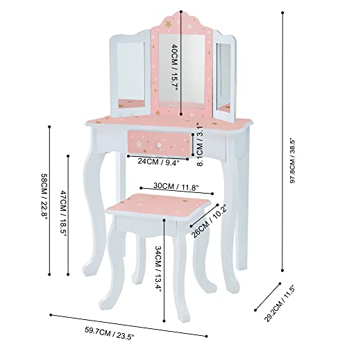 Teamson Kids Princess Gisele Twinkle Star Print 2-Piece Kids Wooden Play Vanity Set with Vanity Table, Tri-Fold Mirror, Storage Drawer, and Matching Teamson Kids