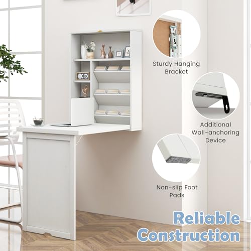 Tangkula Foldable Wall Mounted Desk, Floating Table with Storage Shelves & Hooks, Space-Saving Fold-Up Murphy Desk for Small Spaces, Home Office, Dorm Room Tangkula