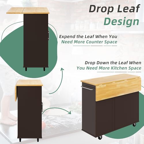 Shintenchi Rolling Kitchen Island Cart with Folding Drop Leaf Breakfast Bar, Portable Trolley Island with Large Storage Cabinet, Shelf and Drawer, Brown Shintenchi