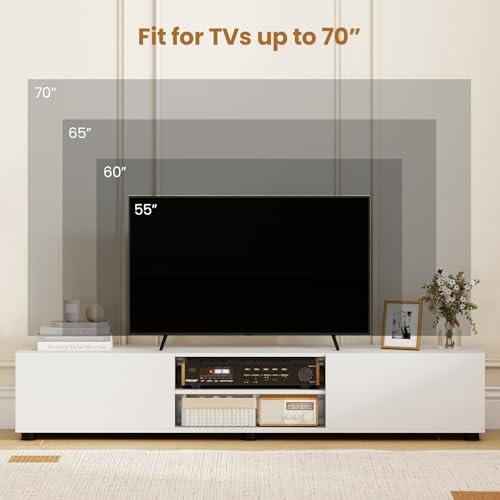 Tangkula Modern TV Stand for up to 70” TVs, 63”L Minimalist Entertainment Center w/ 2 Doors & Open Shelves, Media Console Table Storage Cabinet with 6 Support Feet for Living Room (White, 63”L) Tangkula