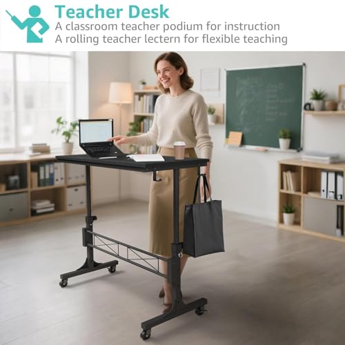 WINAZ Small Portable Rolling Standing Desk - 32 Inch Adjustable Height Mobile Teacher Podium on Wheels for Classroom, Stand Up Desks for Treadmill Walking Pad, Couch Sofa Side Laptop Table, Black WINAZ