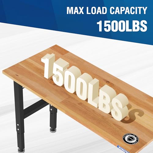 WORKPRO 48" Adjustable Garage Workbench, with Rubber Wood Top & Power Outlets + 2 Pack 16”x 32” Metal Pegboard, 1500 LBS Load Capacity Hardwood Worktable with Leveling Foot, for Workshop, Garage WORKPRO