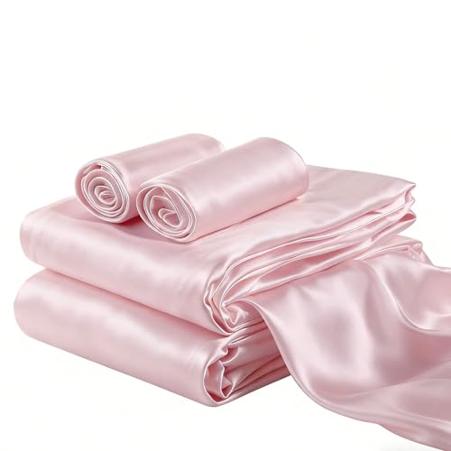 COZYXWORLD 4 Piece Satin Silky Sheet Set Queen Size, Cooling & Smooth Bedding Set for Hair and Skin, Deep Pocket Aesthetic Cute Women Bedroom Decor, Pink COZYXWORLD