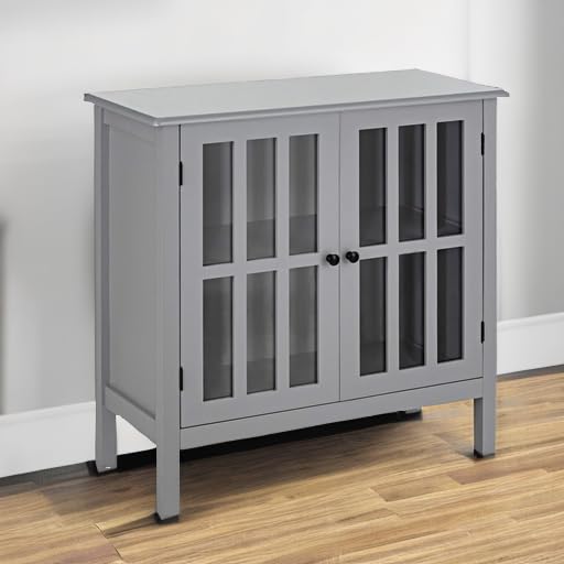 Tangkula Sideboard Buffet Storage Cabinet, with 2 Glass Doors, Liquor Curio Cabinet for Home Kitchen Dining Room, Cupboard Console Table (Grey) Tangkula