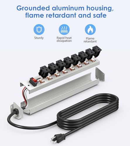 CCCEI Corner Mount Angle Power Strip, Under Cabinet Heavy Duty 8 Outlets Power Strip 20Amp, Metal Underneath Desk Plug Surge Protector, Wall Mountable, for Garage, Shop, Kitchen, 6FT Extension Cord. CCCEI