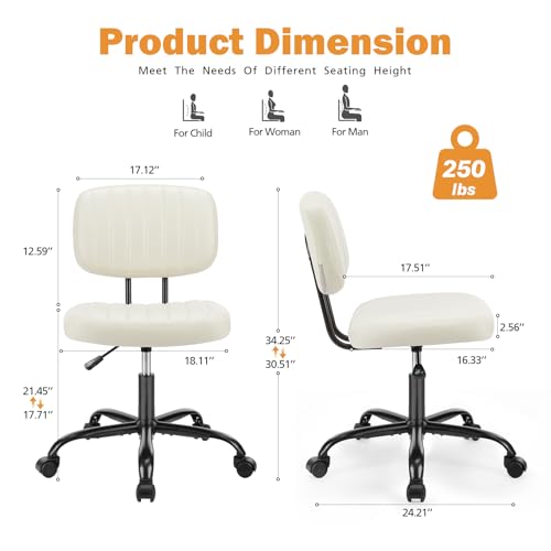 Sweetcrispy Small Office Desk Chair - Armless PU Leather with Comfy Lumbar Support, Height Adjustable Rolling Swivel Task for No Arms, for Adult, Student, Bedroom, Home, Vanity, Beige White Sweetcrispy