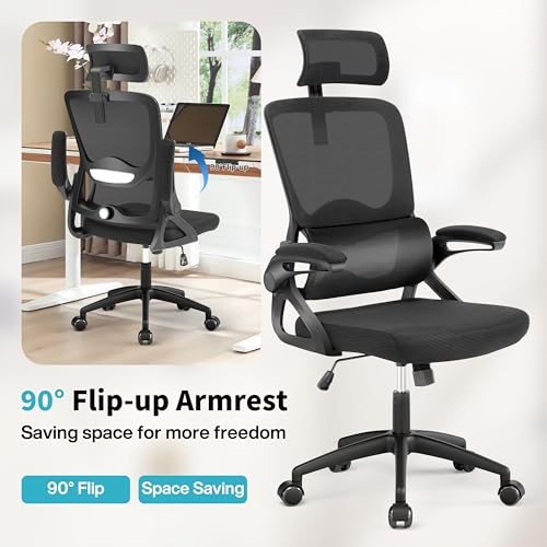 Nexthro Ergonomic Office Chair,Mesh Office Chair with Lumbar Support,High Back Desk Chair with Flip-up Arms,400 lbs Big and Tall Computer Chair with Headrest,Comfy Desk Chairs (Black) Nexthro