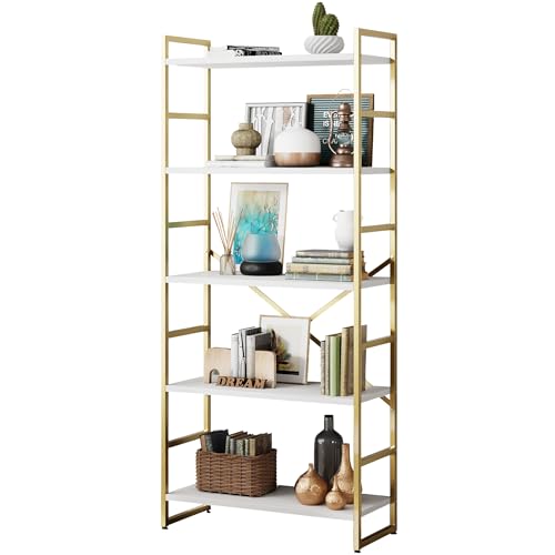 Shintenchi 5-Tier Industrial Gold Bookshelf – Modern Multi-Functional Bookcase for Home & Office Shintenchi